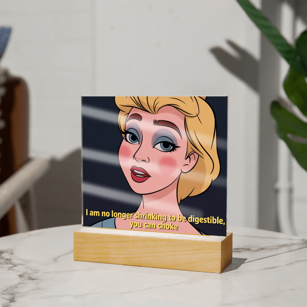 Acrylic quote plaque photographed next to notebook for scale reference of size and thickness.