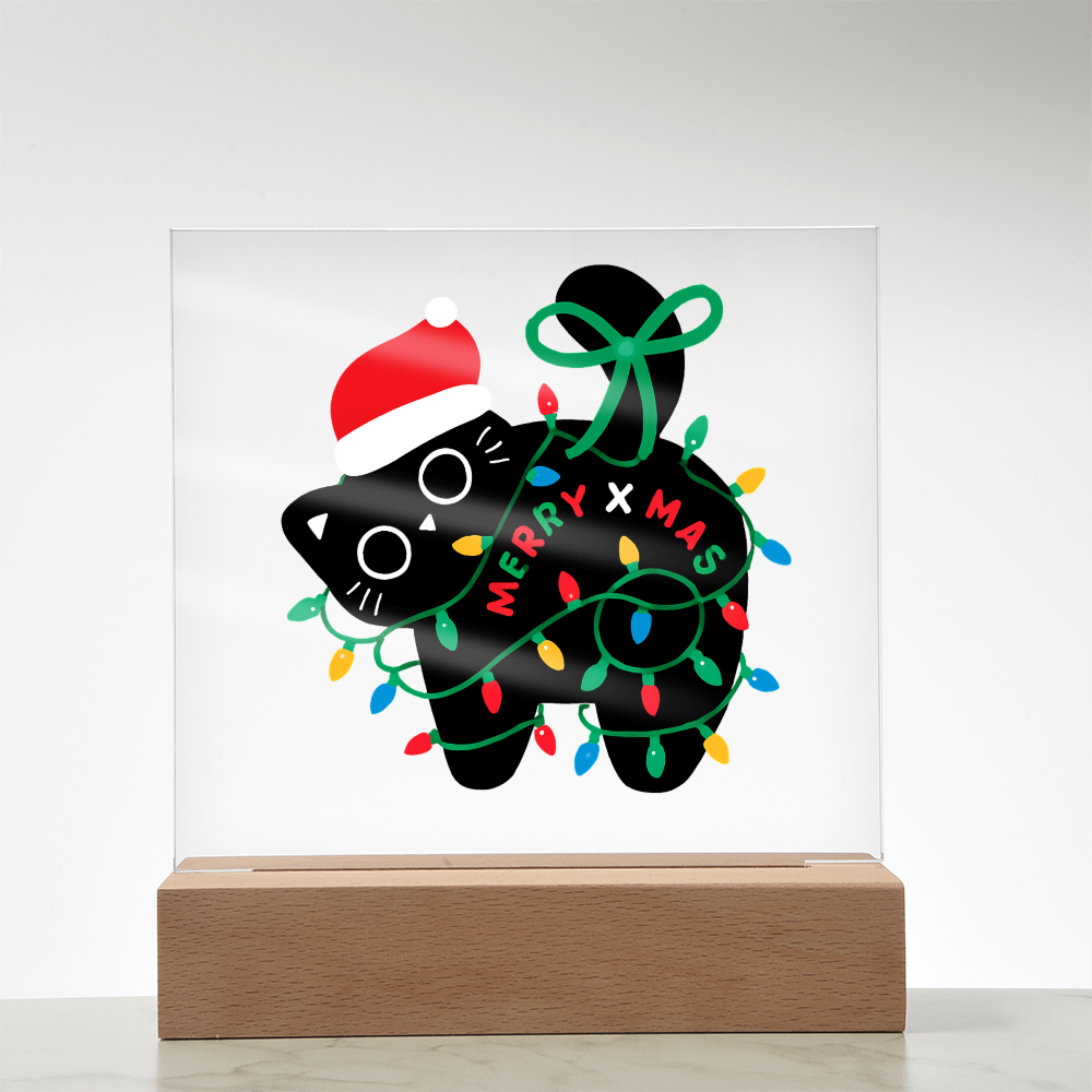 Playful Black Cat Merry X-mass Engraved Acrylic Circle Plaque