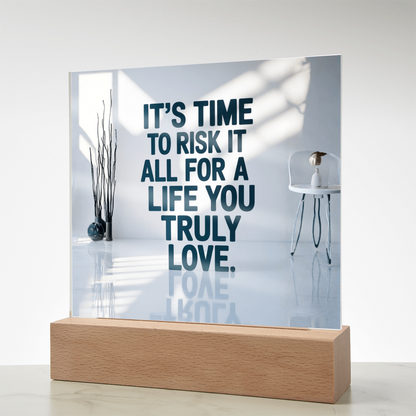 LED quote plaque turned off, showing elegant clear acrylic design and smooth surface.