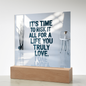 LED quote plaque turned off, showing elegant clear acrylic design and smooth surface.