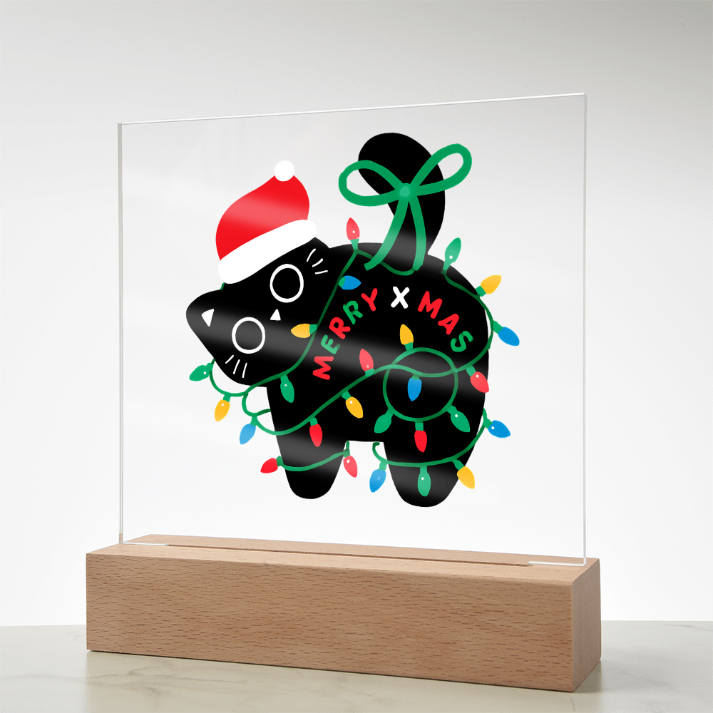Playful Black Cat Merry X-mass Engraved Acrylic Circle Plaque