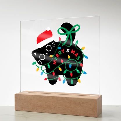 Playful Black Cat Merry X-mass Engraved Acrylic Circle Plaque