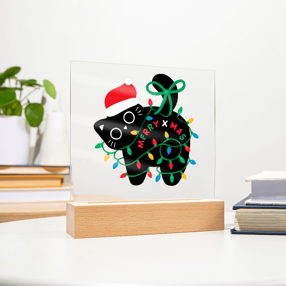 Playful Black Cat Merry X-mass Engraved Acrylic Circle Plaque