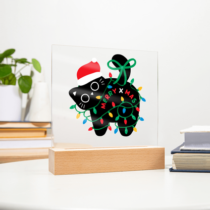 Playful Black Cat Merry X-mass Engraved Acrylic Circle Plaque