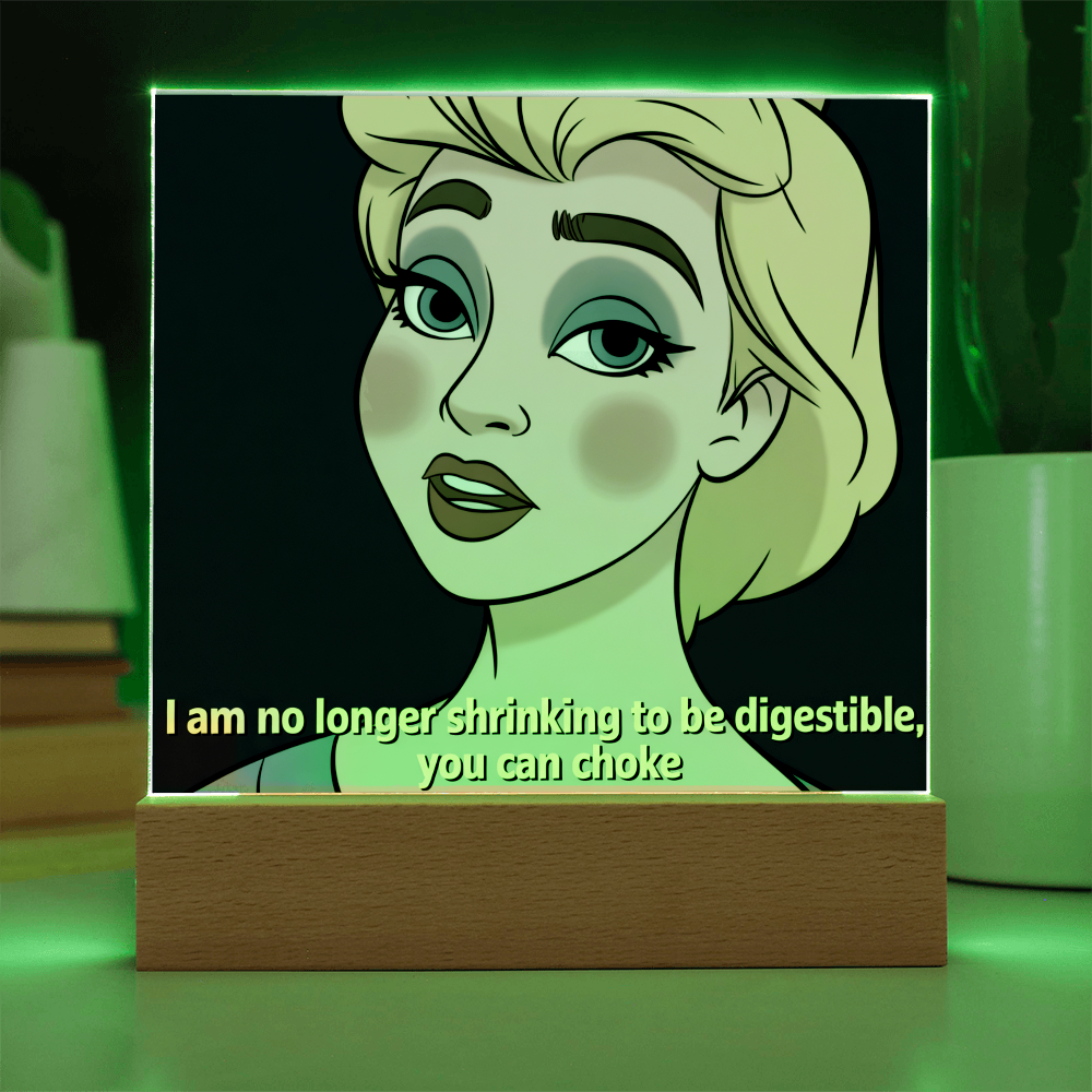 Feminist quote acrylic sign placed on vanity with perfume and jewelry, symbolizing confidence and self-love.