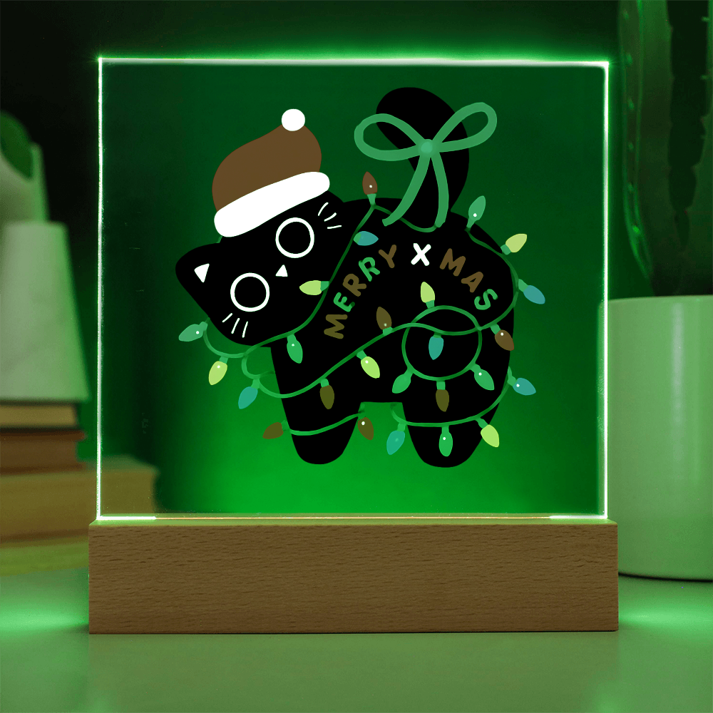 Playful Black Cat Merry X-mass Engraved Acrylic Circle Plaque