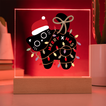 Playful Black Cat Merry X-mass Engraved Acrylic Circle Plaque