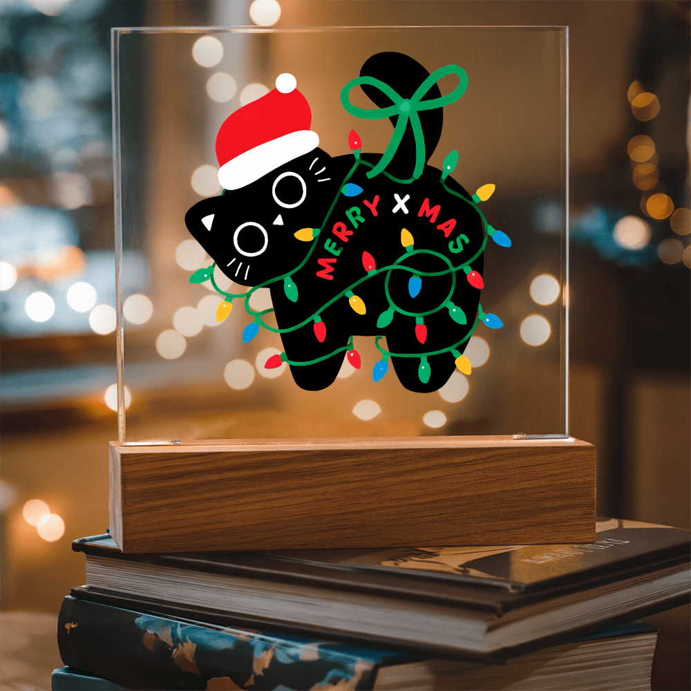 Playful Black Cat Merry X-mass Engraved Acrylic Circle Plaque