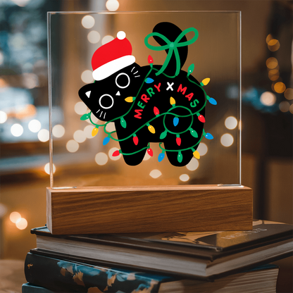Playful Black Cat Merry X-mass Engraved Acrylic Circle Plaque