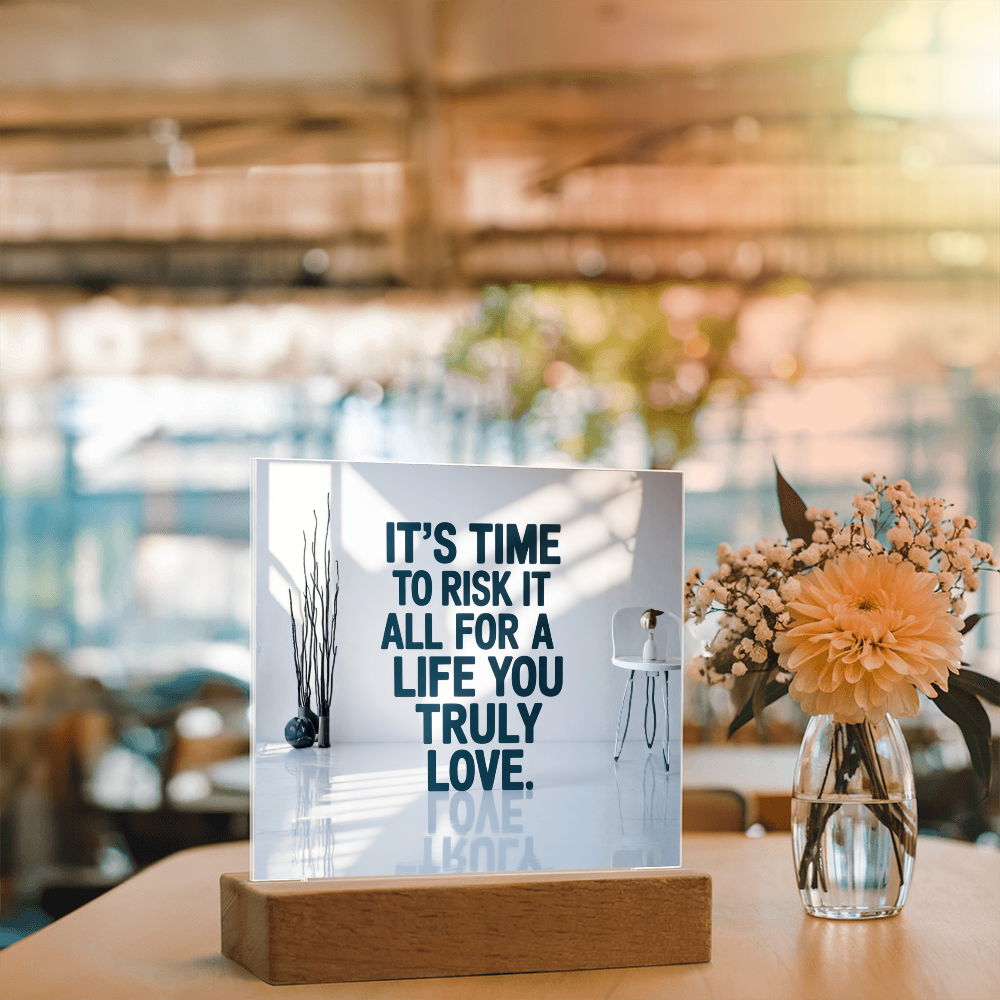 Acrylic plaque illuminated in warm yellow light on LED base, symbolizing courage and self-belief.