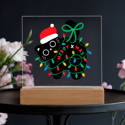 Playful Black Cat Merry X-mass Engraved Acrylic Circle Plaque
