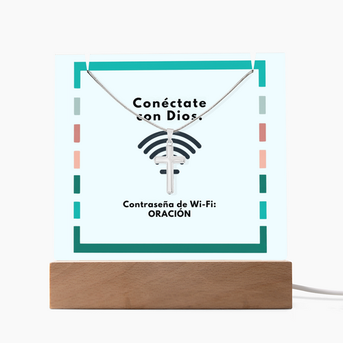 Conéctate con Dios – “WiFi Password: PRAYER” Faith Keepsake Acrylic & Cross Necklace Set