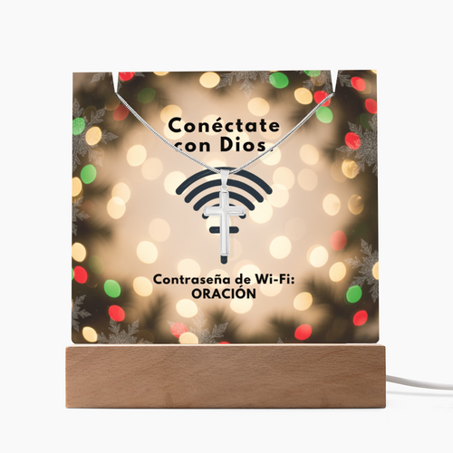 Conéctate con Dios – “WiFi Password: PRAYER” Christmas Faith Keepsake Acrylic & Cross Necklace Set