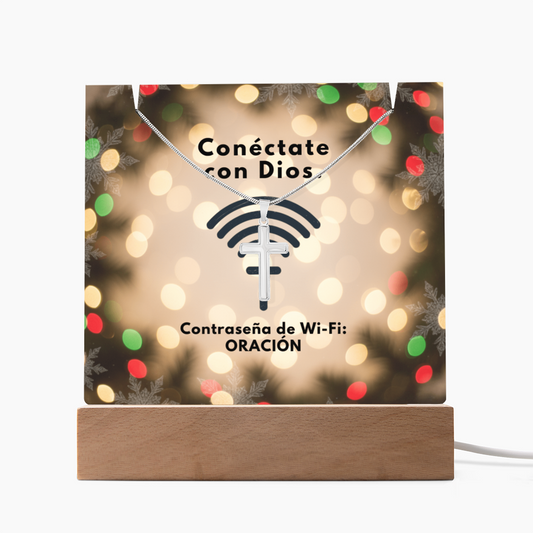Conéctate con Dios – “WiFi Password: PRAYER” Christmas Faith Keepsake Acrylic & Cross Necklace Set