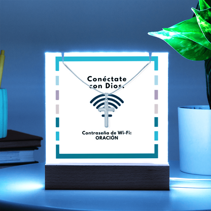 Conéctate con Dios – “WiFi Password: PRAYER” Faith Keepsake Acrylic & Cross Necklace Set