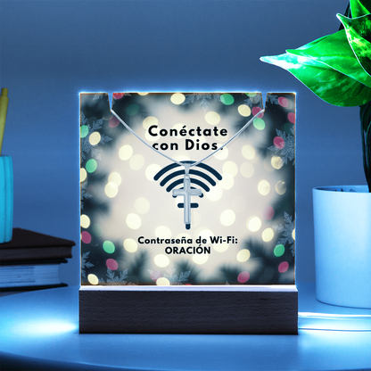 Conéctate con Dios – “WiFi Password: PRAYER” Christmas Faith Keepsake Acrylic & Cross Necklace Set