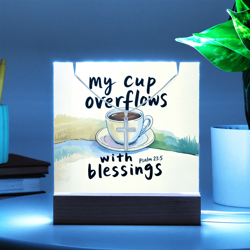 “My Cup Overflows with Blessings” – Cross Necklace & Keepsake Square Acrylic Gift Set