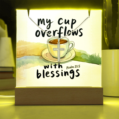 “My Cup Overflows with Blessings” – Cross Necklace & Keepsake Square Acrylic Gift Set