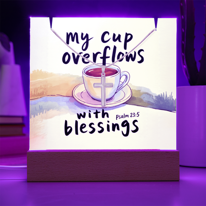 “My Cup Overflows with Blessings” – Cross Necklace & Keepsake Square Acrylic Gift Set