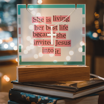 She Is Living Her Best Life – Inspirational Jesus Quote Square Acrylic Keepsake with Cross Necklace