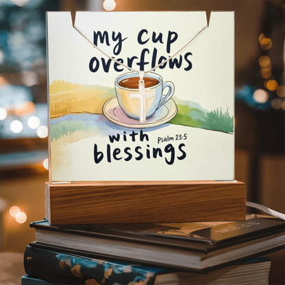 “My Cup Overflows with Blessings” – Cross Necklace & Keepsake Square Acrylic Gift Set