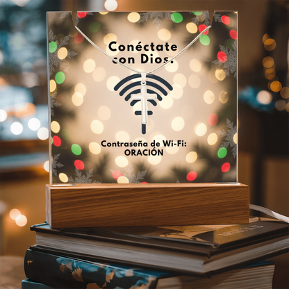 Conéctate con Dios – “WiFi Password: PRAYER” Christmas Faith Keepsake Acrylic & Cross Necklace Set