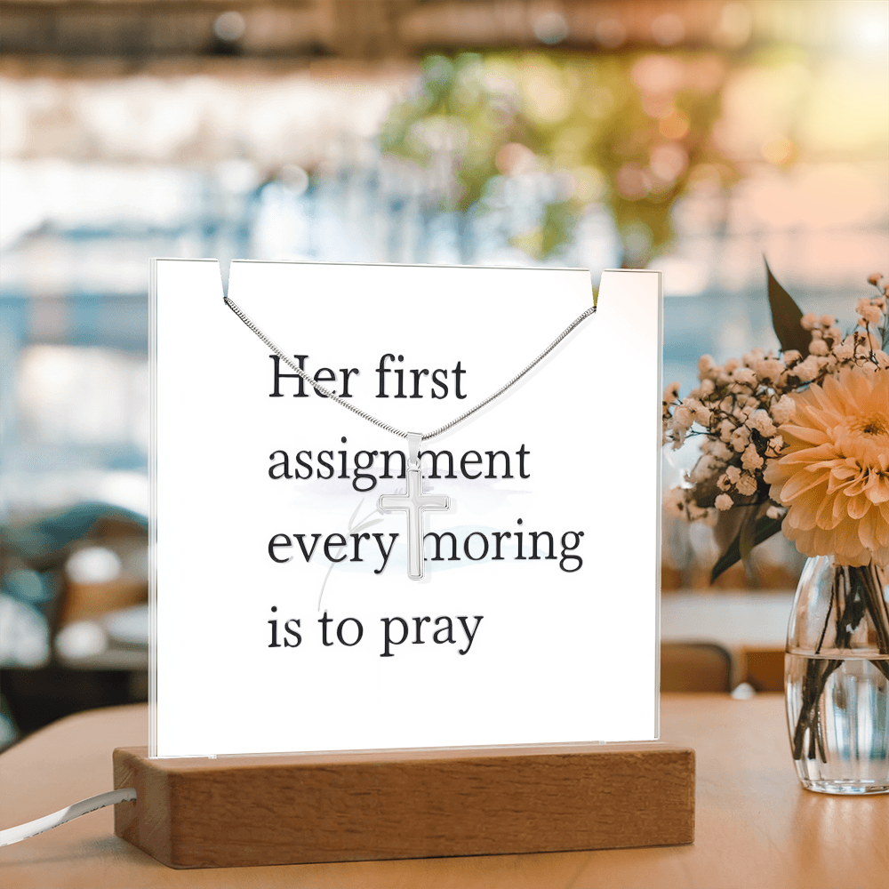 Acrylic display with LED base showing prayer quote in soft light