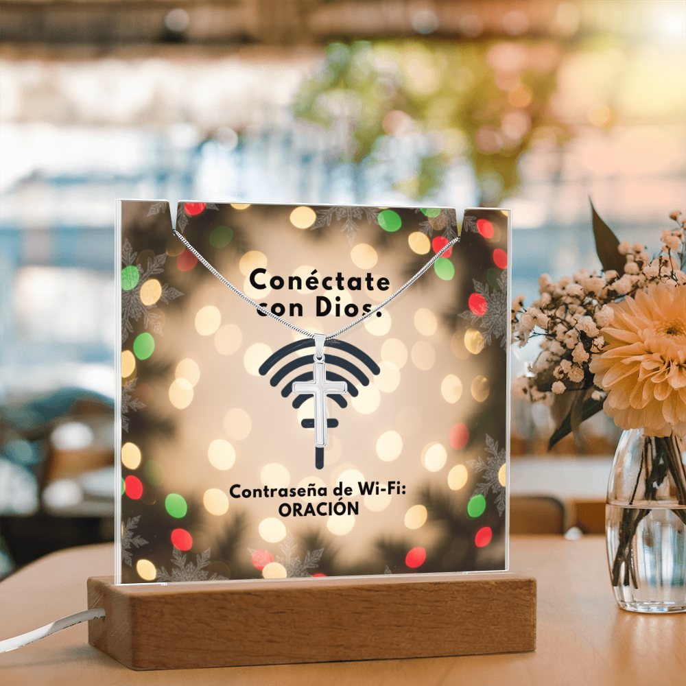 Conéctate con Dios – “WiFi Password: PRAYER” Christmas Faith Keepsake Acrylic & Cross Necklace Set