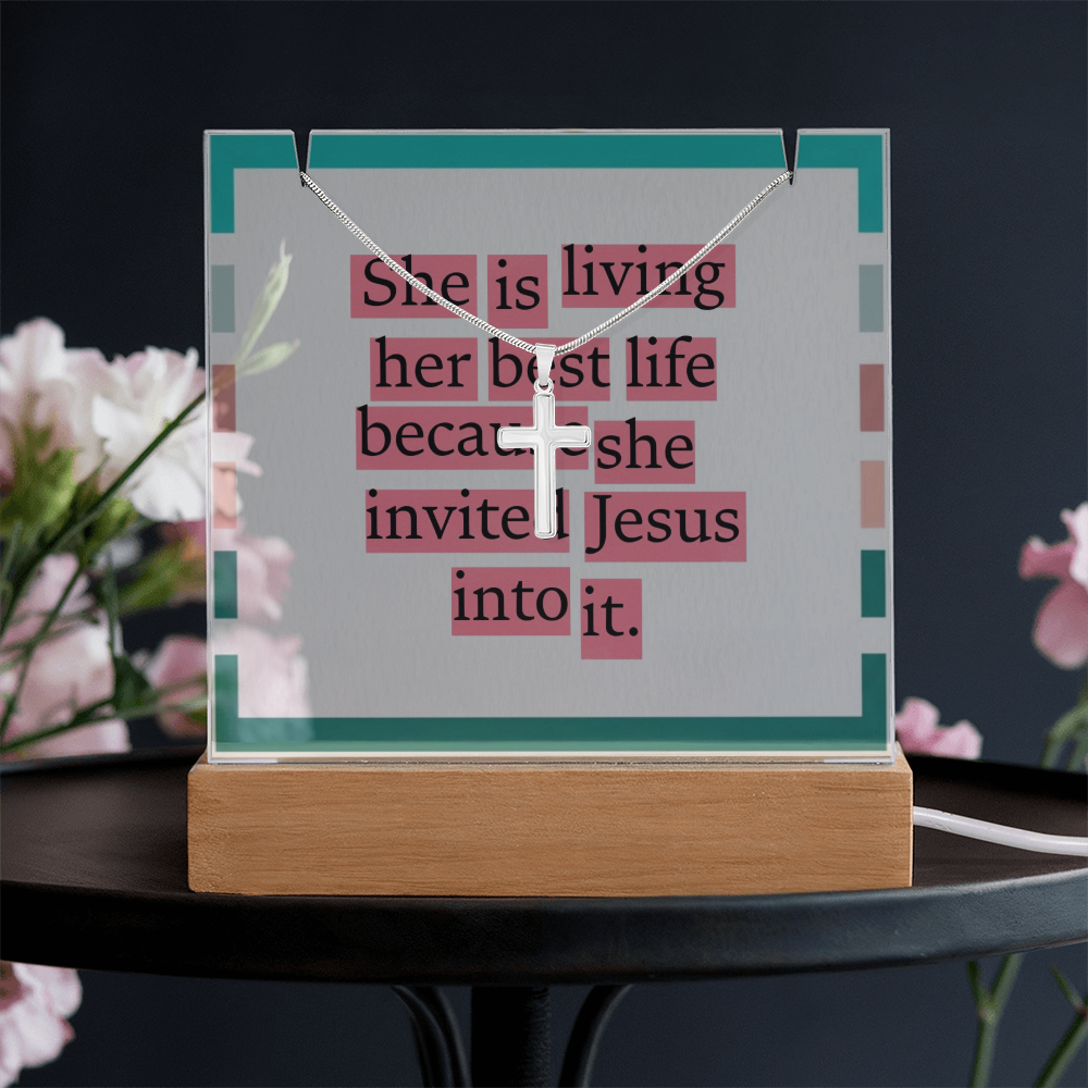 She Is Living Her Best Life – Inspirational Jesus Quote Square Acrylic Keepsake with Cross Necklace