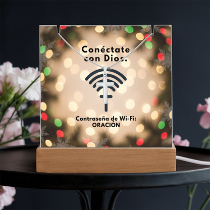 Conéctate con Dios – “WiFi Password: PRAYER” Christmas Faith Keepsake Acrylic & Cross Necklace Set