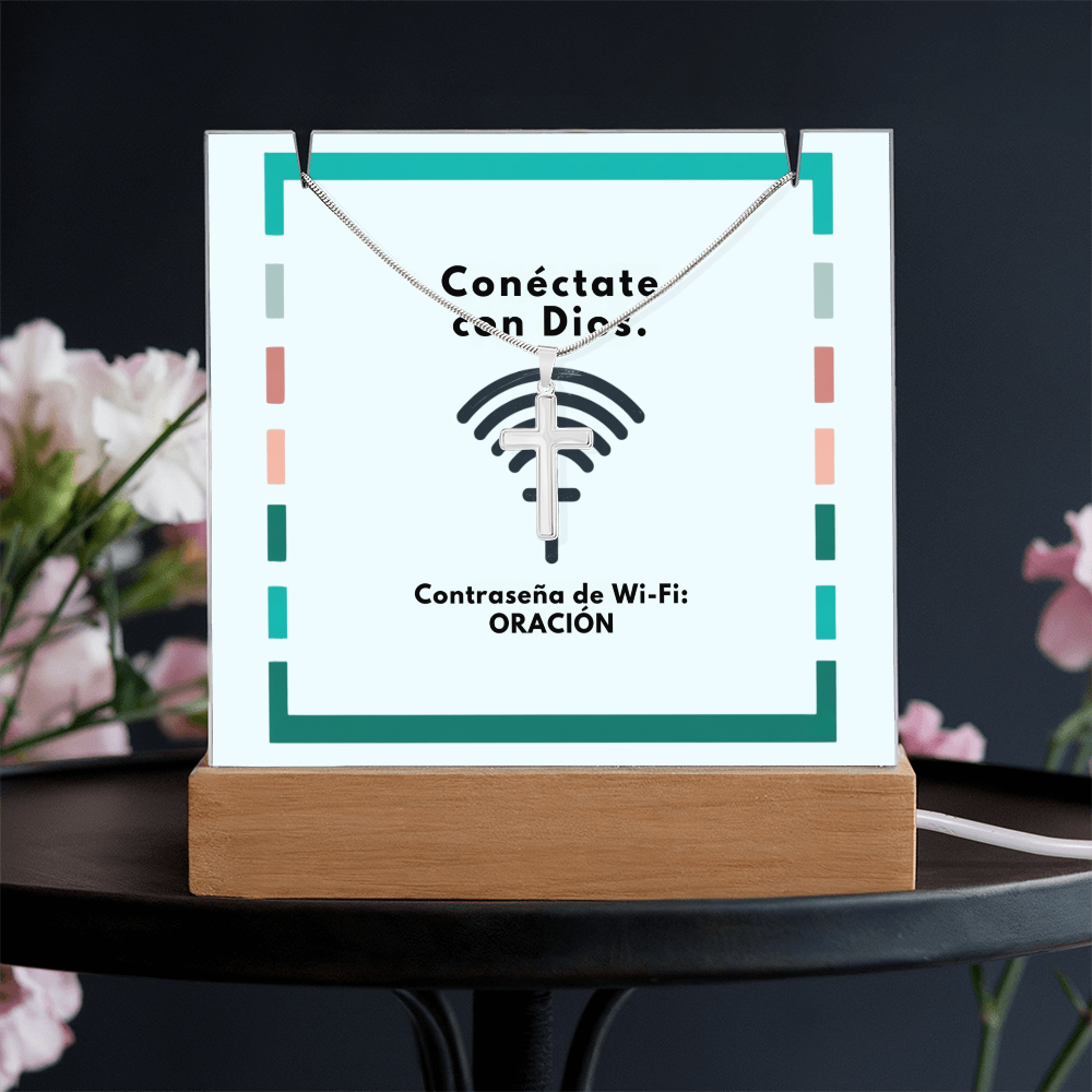 Conéctate con Dios – “WiFi Password: PRAYER” Faith Keepsake Acrylic & Cross Necklace Set