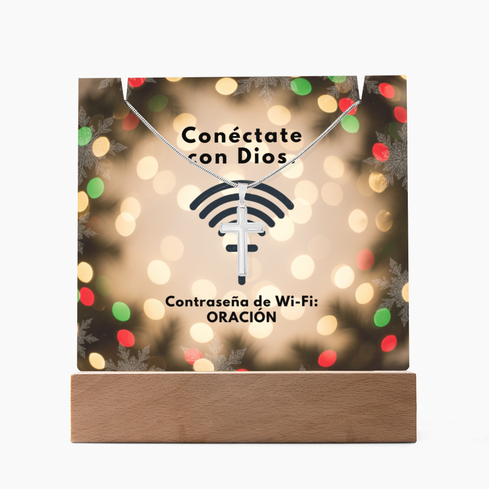 Conéctate con Dios – “WiFi Password: PRAYER” Christmas Faith Keepsake Acrylic & Cross Necklace Set