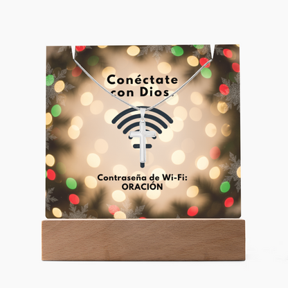 Conéctate con Dios – “WiFi Password: PRAYER” Christmas Faith Keepsake Acrylic & Cross Necklace Set