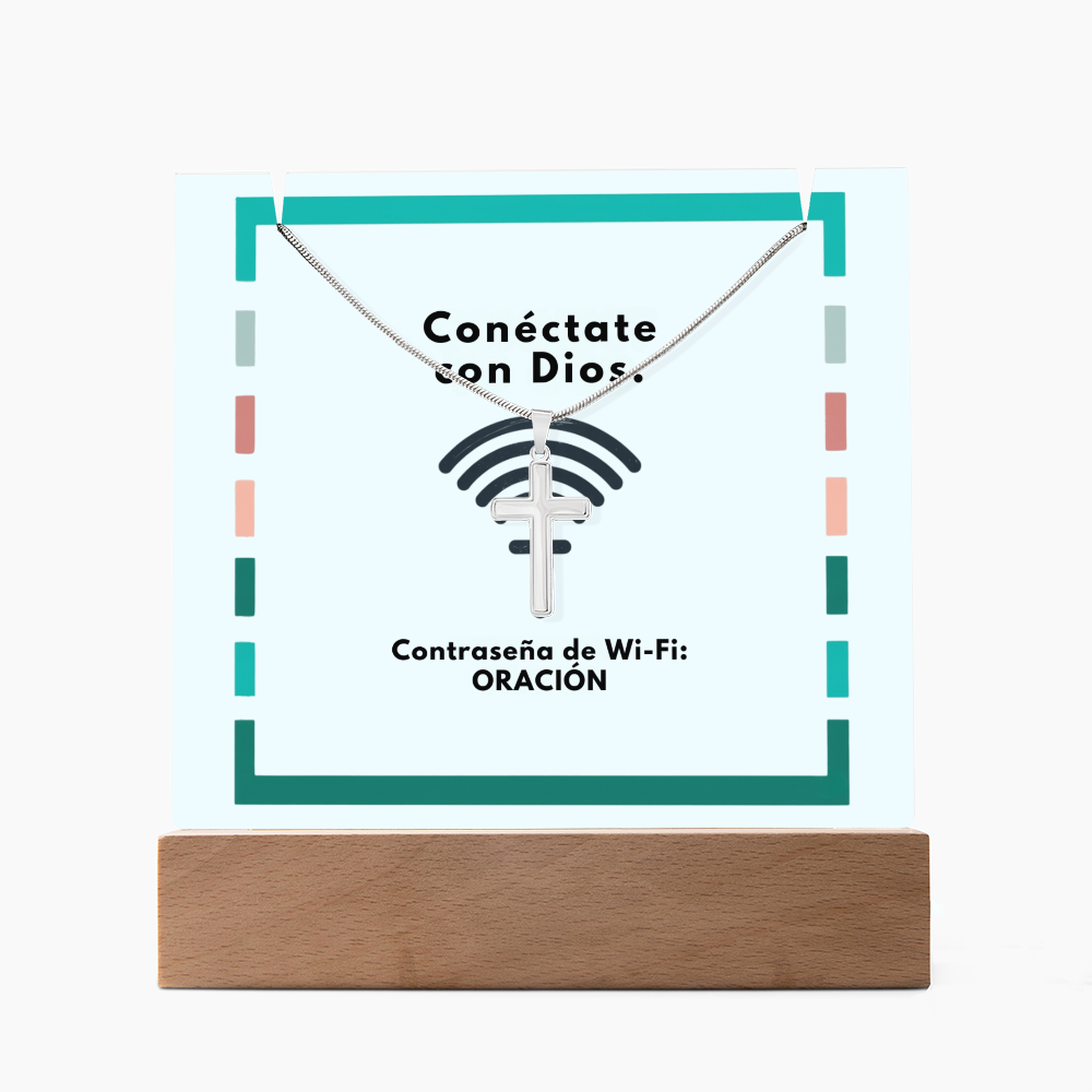 Conéctate con Dios – “WiFi Password: PRAYER” Faith Keepsake Acrylic & Cross Necklace Set