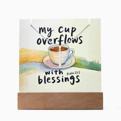 “My Cup Overflows with Blessings” – Cross Necklace & Keepsake Square Acrylic Gift Set