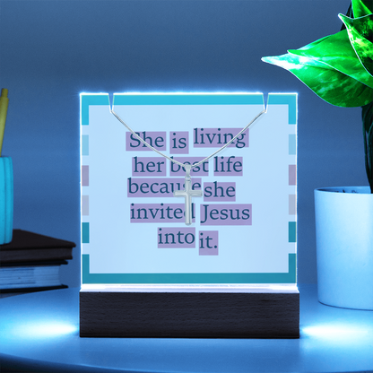 She Is Living Her Best Life – Inspirational Jesus Quote Square Acrylic Keepsake with Cross Necklace
