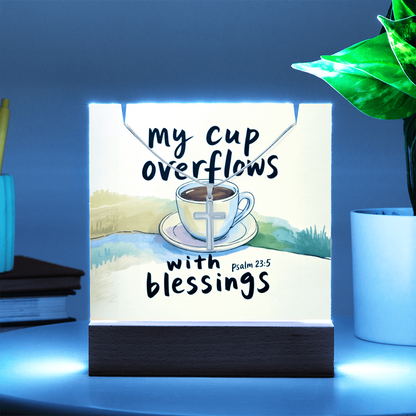 “My Cup Overflows with Blessings” – Cross Necklace & Keepsake Square Acrylic Gift Set