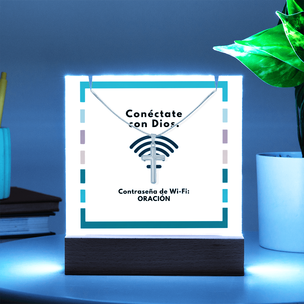 Conéctate con Dios – “WiFi Password: PRAYER” Faith Keepsake Acrylic & Cross Necklace Set