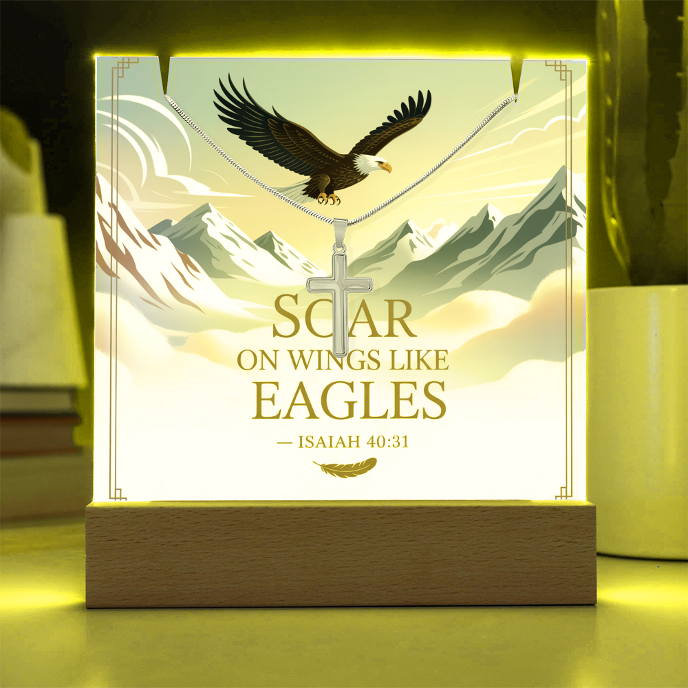Soar on Wings Like Eagles – Isaiah 40:31 Keepsake Acrylic with Cross Necklace | Christian Inspirational Gift for Him or Her