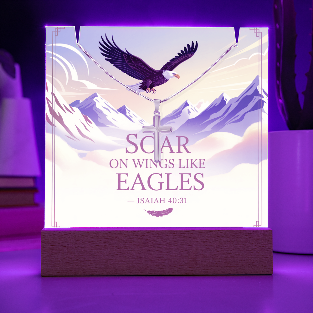 Soar on Wings Like Eagles – Isaiah 40:31 Keepsake Acrylic with Cross Necklace | Christian Inspirational Gift for Him or Her