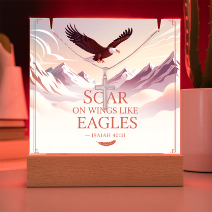 Soar on Wings Like Eagles – Isaiah 40:31 Keepsake Acrylic with Cross Necklace | Christian Inspirational Gift for Him or Her