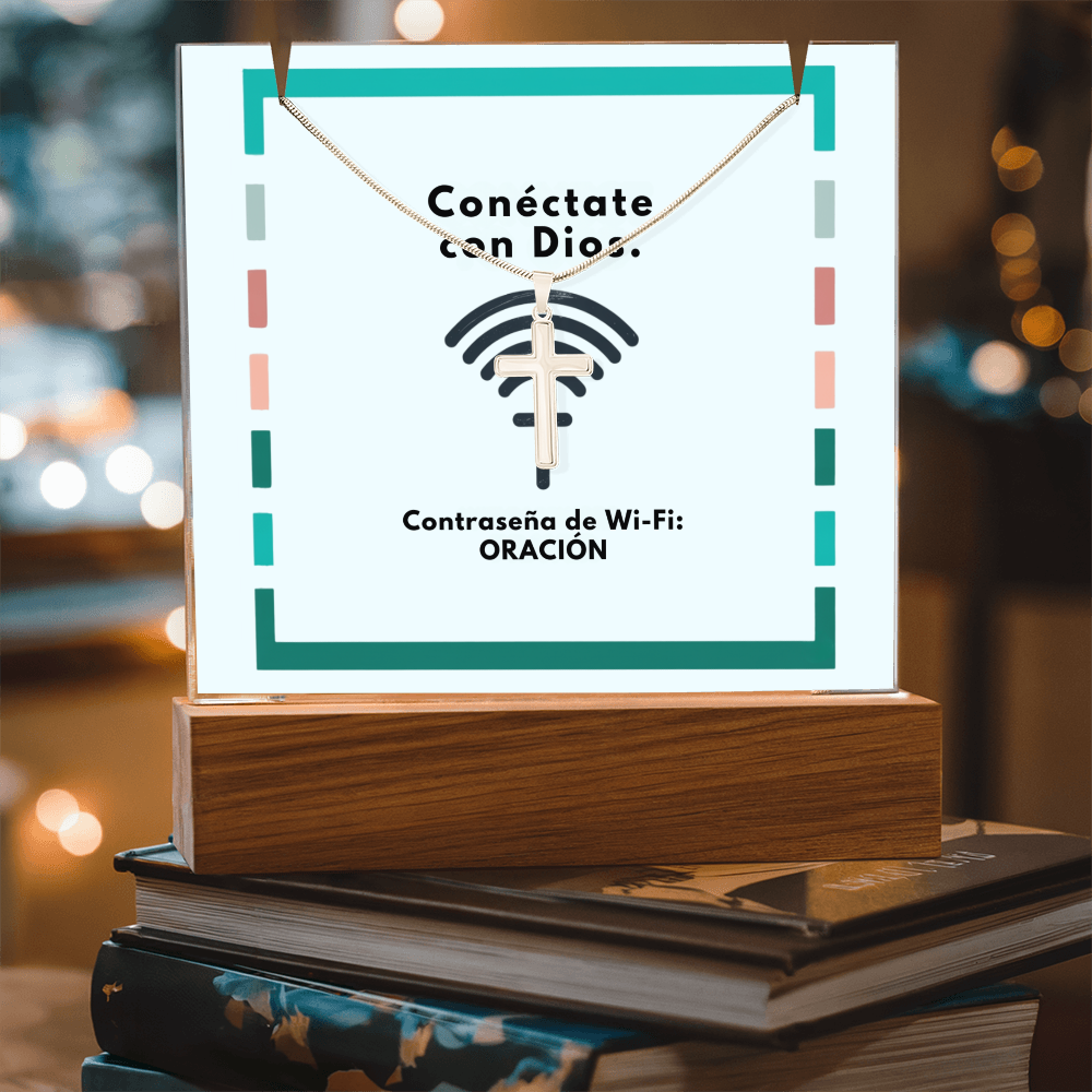 Conéctate con Dios – “WiFi Password: PRAYER” Faith Keepsake Acrylic & Cross Necklace Set