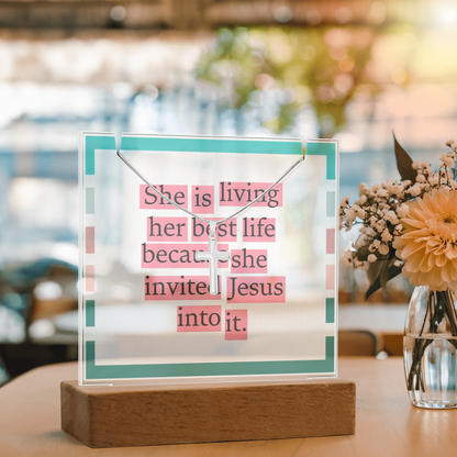 She Is Living Her Best Life – Inspirational Jesus Quote Square Acrylic Keepsake with Cross Necklace