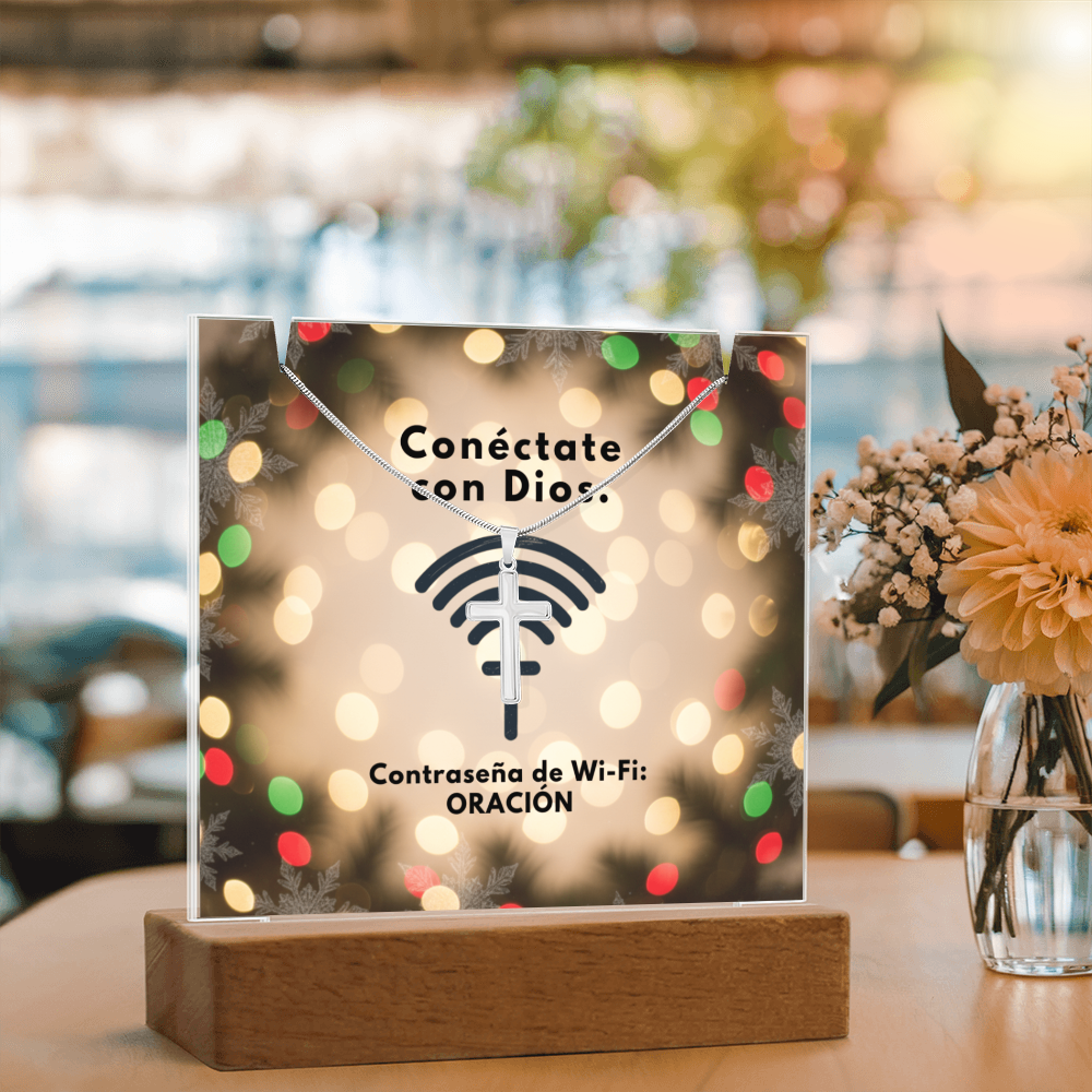 Conéctate con Dios – “WiFi Password: PRAYER” Christmas Faith Keepsake Acrylic & Cross Necklace Set