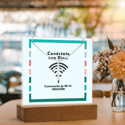 Conéctate con Dios – “WiFi Password: PRAYER” Faith Keepsake Acrylic & Cross Necklace Set