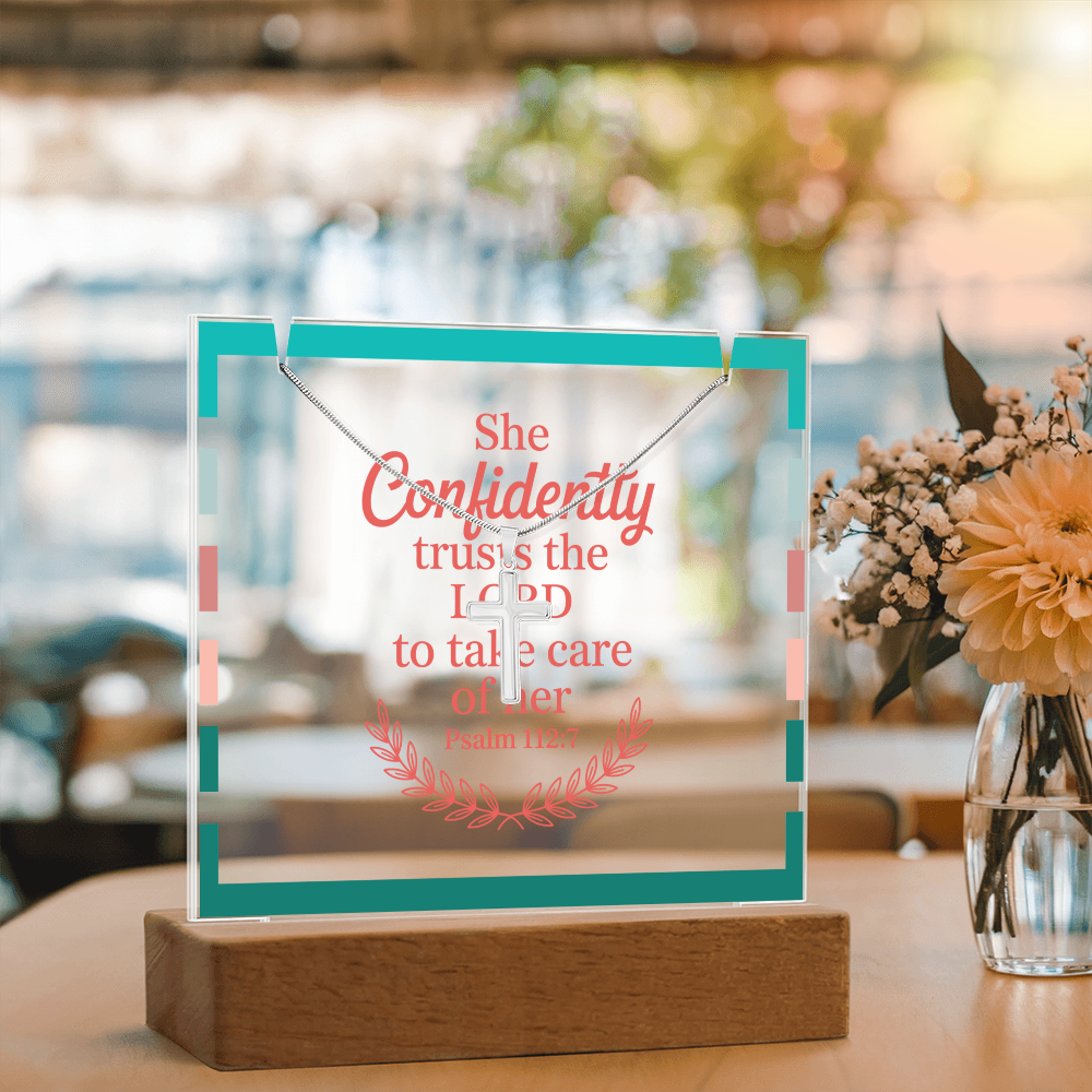 Clear acrylic depth and LED wooden base detail on faith quote display.