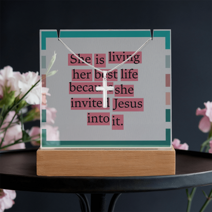 She Is Living Her Best Life – Inspirational Jesus Quote Square Acrylic Keepsake with Cross Necklace