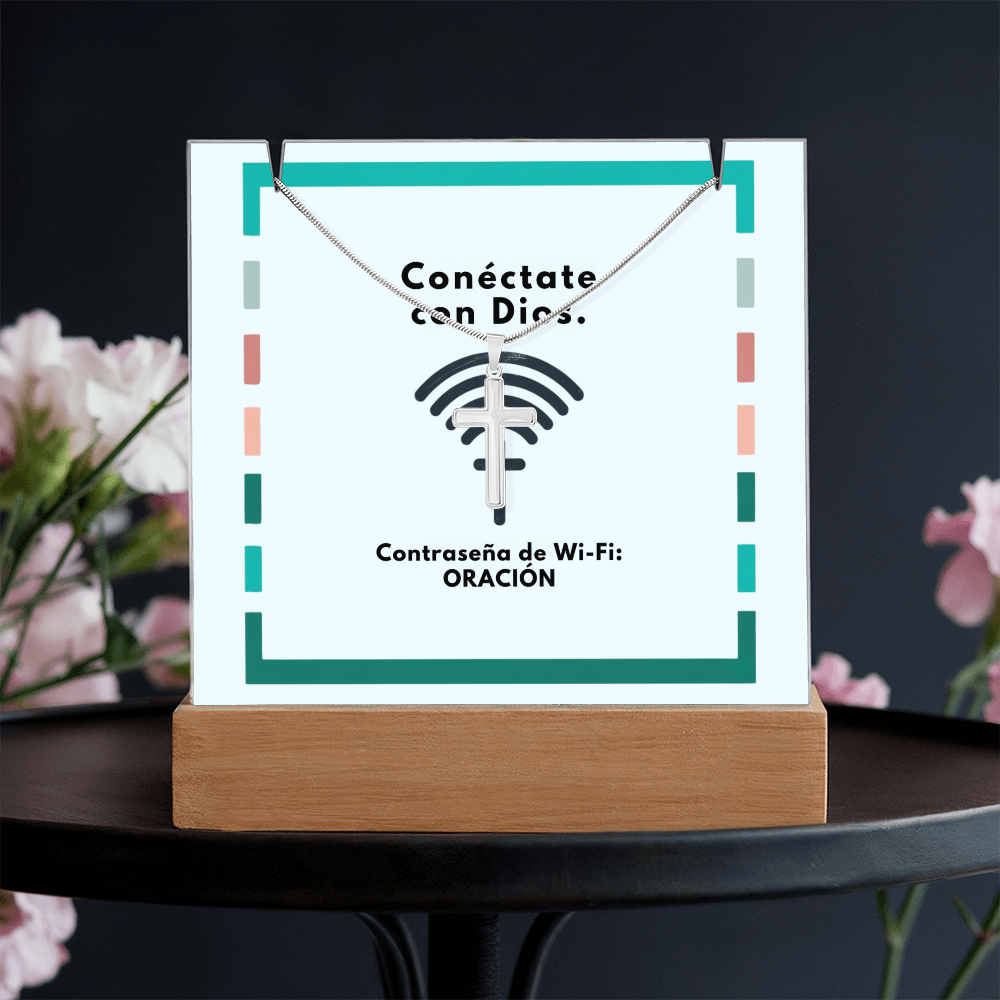 Conéctate con Dios – “WiFi Password: PRAYER” Faith Keepsake Acrylic & Cross Necklace Set