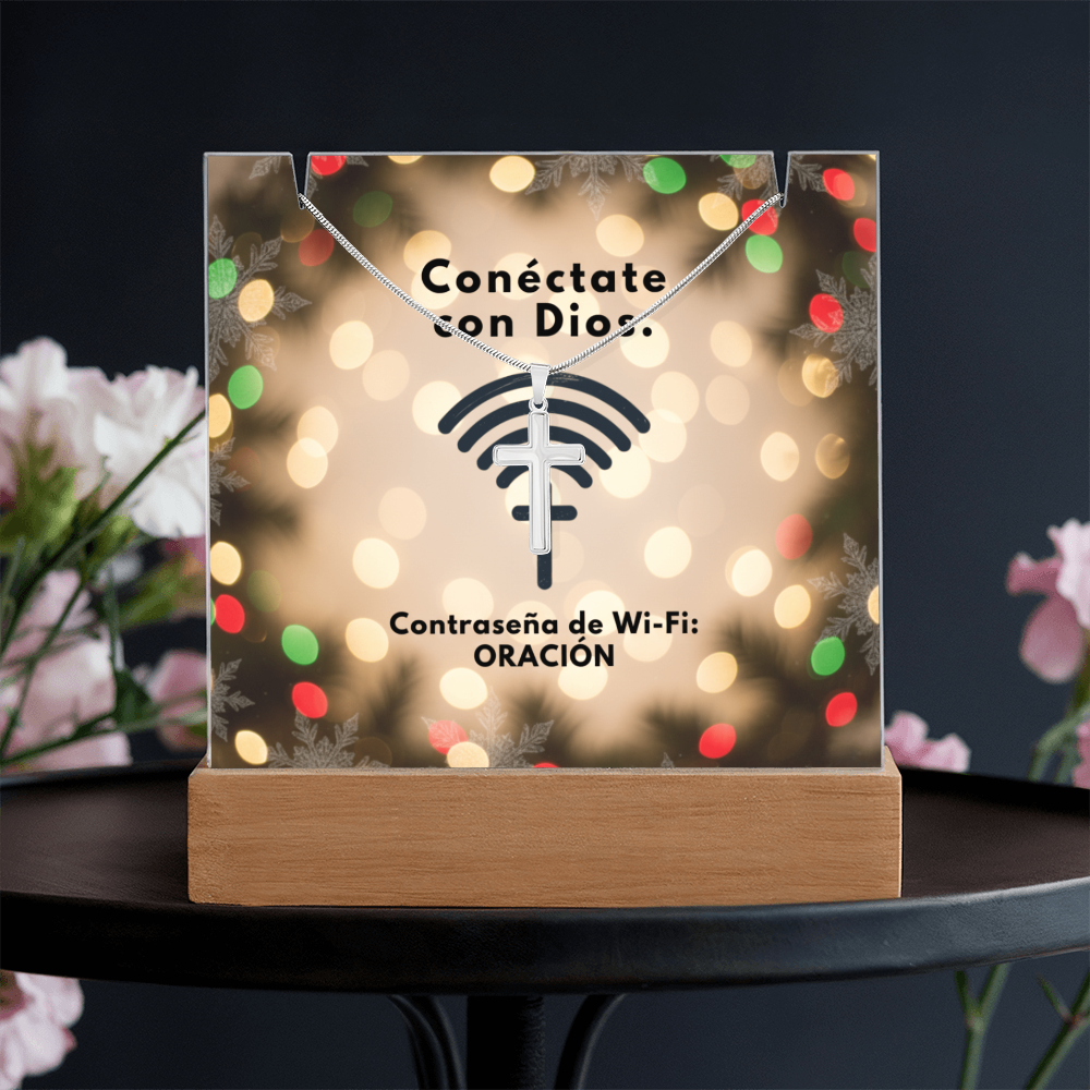 Conéctate con Dios – “WiFi Password: PRAYER” Christmas Faith Keepsake Acrylic & Cross Necklace Set