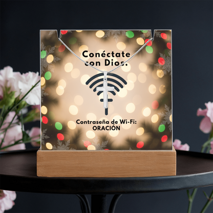 Conéctate con Dios – “WiFi Password: PRAYER” Christmas Faith Keepsake Acrylic & Cross Necklace Set